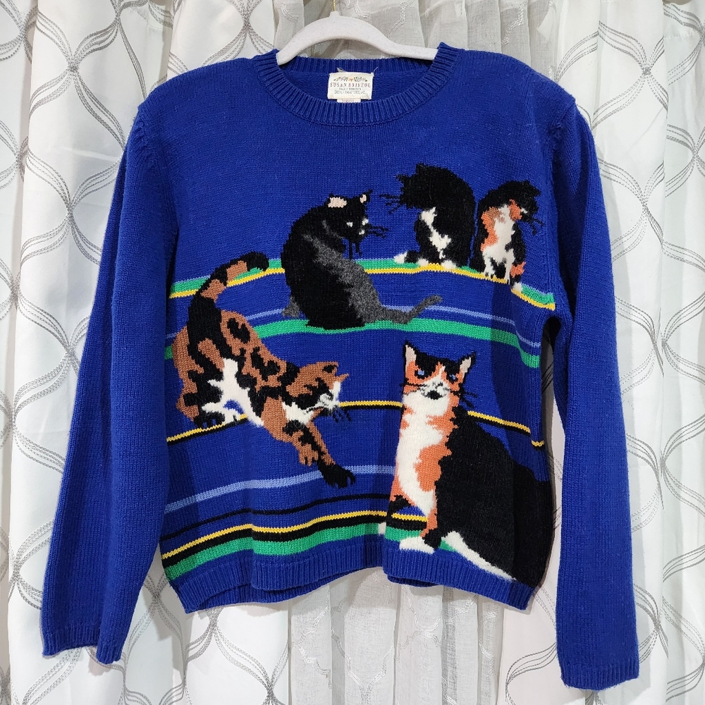Vtg Susan Bristol Cat Sweater Navy Boxy 90s Crazy Cat Lady Size LARGE L Women's